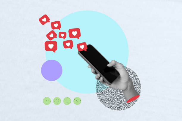 istock Collage creative poster black white filter hand hold mobile social media network app popular follow like exclusive colorful banner 2190561976