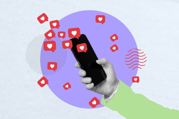 istock Collage creative poster monochrome effect hand hold smartphone social media notifications app popular follow like exclusive banner 2190561997