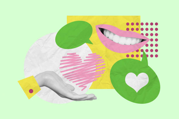 istock Artwork collage image of black white effect arm hold painted heart talking mouth dialogue bubble isolated on green color background 2190562053