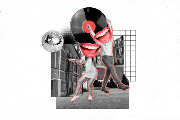 istock Horizontal humorous photo collage black white effect dancing joyful headless people with big mouth smile instead of head on street have fun 2190562075