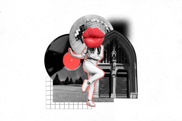 istock Creative illustration image collage dancing young girl huge lips instead head clubber vinyl retro party vintage building gates 2190562179