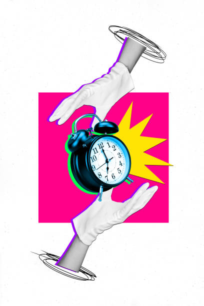 istock Vertical creative collage banner poster ringing alarm clock timer bell hurry late miss appointment time management two arms catch 2190562308