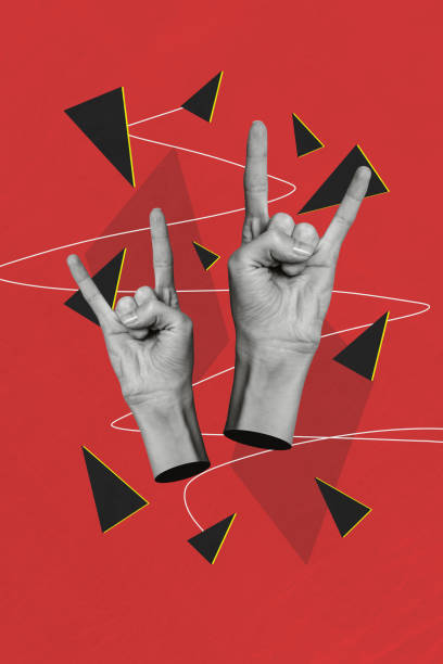 istock Vertical collage creative poster monochrome effect two hand show gesture rock roll communication unusual exclusive background 2190562326
