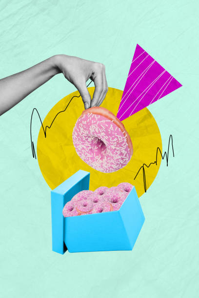 Vertical creative collage image human hand put hold pink big doughnut food box doodle sketch draw doodle colorful background