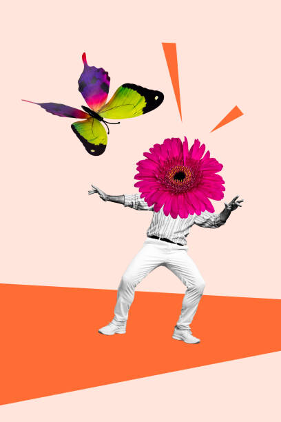 istock Vertical creative collage dancing retired funky man huge flower instead head party season flying butterfly drawing background 2190562501