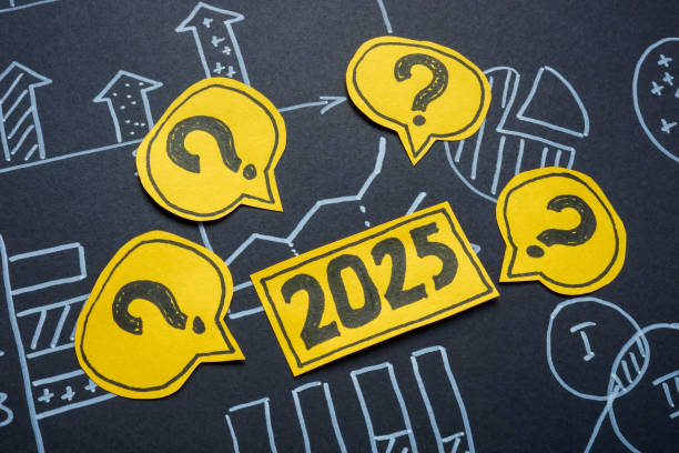 Financial charts, 2025 and question marks. Future market predictions and financial uncertainty. Financial charts, 2025 and question marks. Future market predictions and financial uncertainty concept. uncertainty stock pictures, royalty-free photos & images