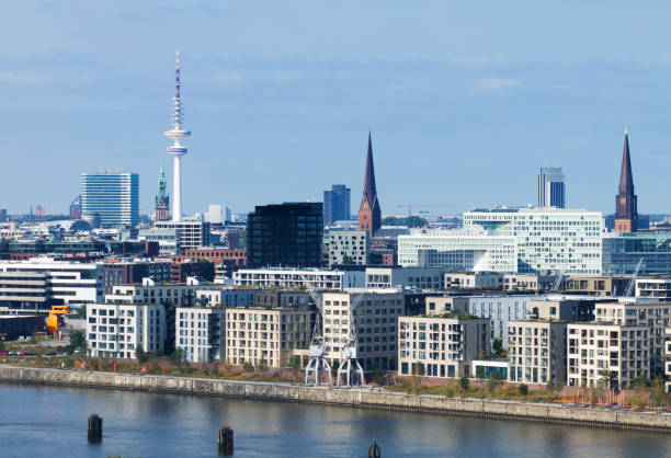 A detailed aerial view of Hamburg, Germany, showcasing iconic landmarks and urban structures near the waterfront under a clear blue sky.