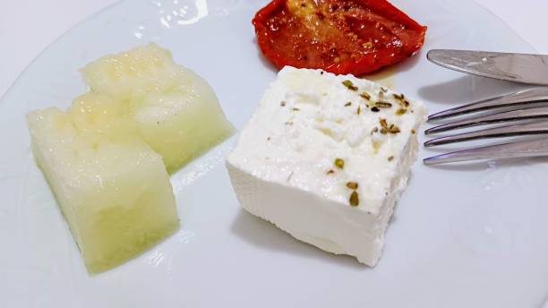 white cheese, melon and dried tomatoes. Raki appetizer plate.