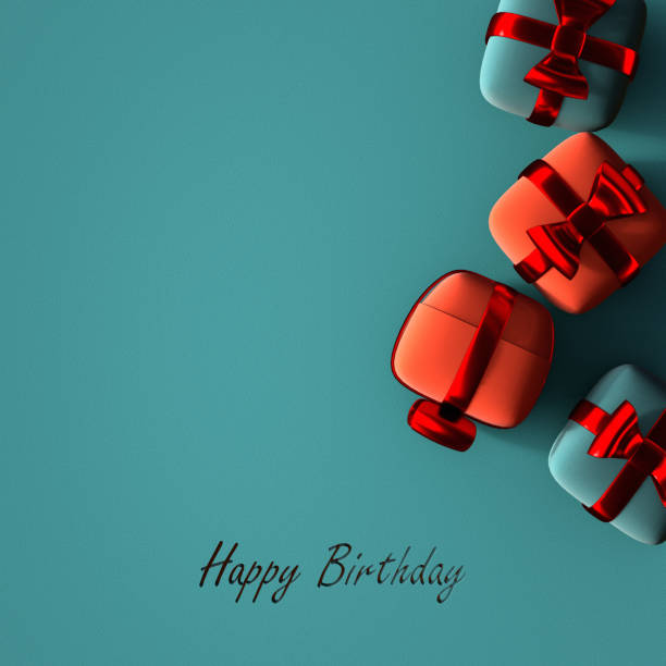 Birthday greeting text with colorful gift boxes on blue background. 3d render
