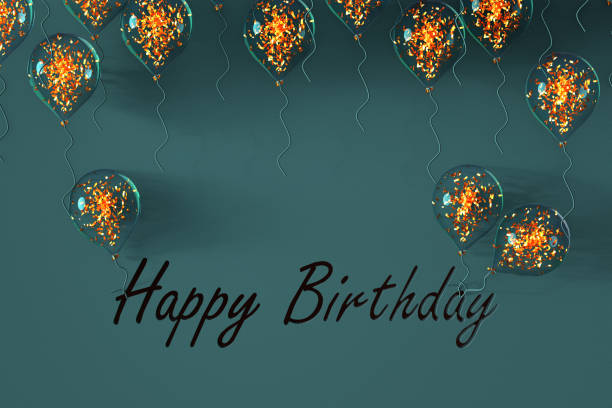 Birthday greeting text with transparent inflatable balloons on blue background. Template for invitation card. 3d render