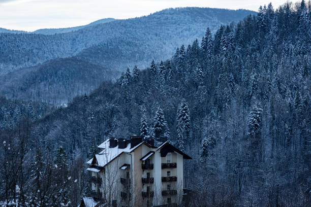 Winter landscape featuring a hotel nestled amidst the snow-covered Carpathian mountains, creating a serene and tranquil atmosphere