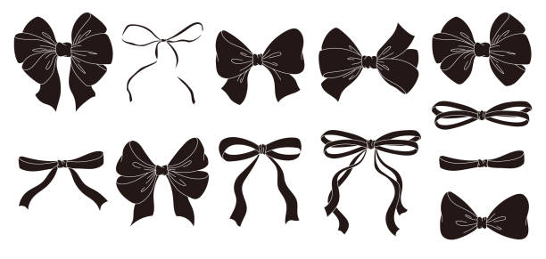 Set of black silhouette bow and ribbon. Hand drawn vintage line art. Ink sketched vector illustration. You can change the line collor on the vector deta.