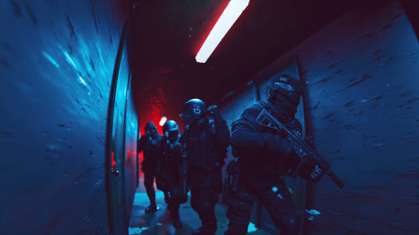 SWAT Officers Preparing for Close-Quarters Combat in a Narrow Hallway