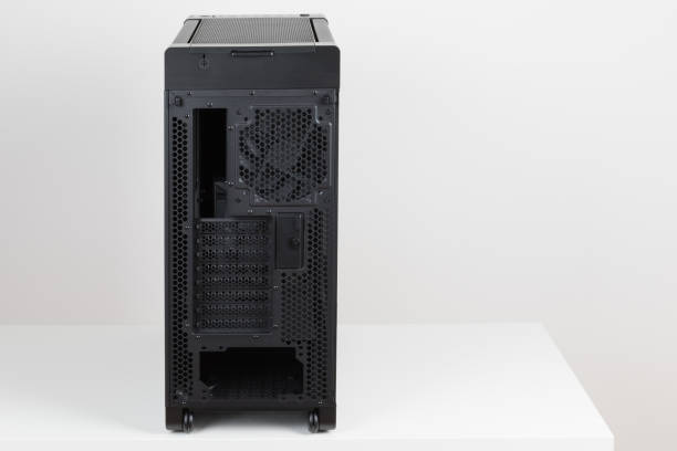istock Back side of empty  big  tower computer case, chassis , effortless maneuvering with two built-in  wheels on white background 2190589281