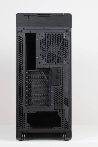 istock Back side of empty  big  tower computer case, chassis , effortless maneuvering with two built-in  wheels on white background 2190589293