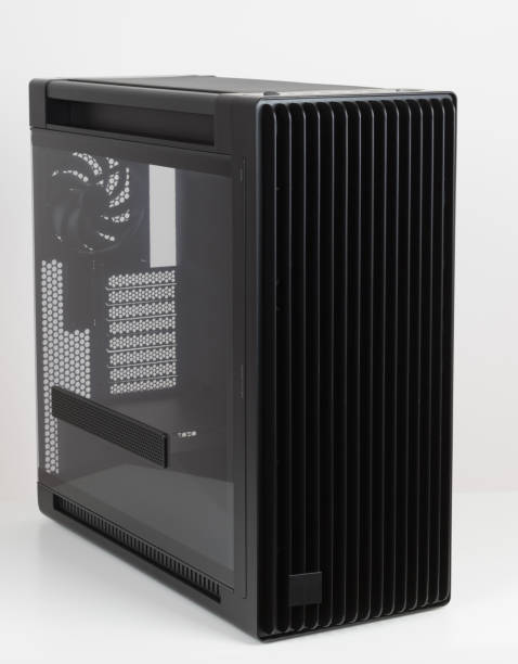 istock Side view of empty  big tower, PC case, chassis,  tempered-glass left panel has a mesh window to aid in graphics-card ventilation 2190589295