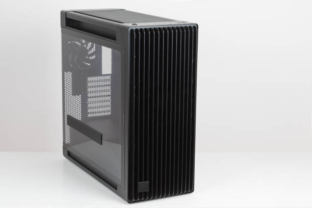 istock Side view of empty  big tower, PC case, chassis,  tempered-glass left panel has a mesh window to aid in graphics-card ventilation 2190589312
