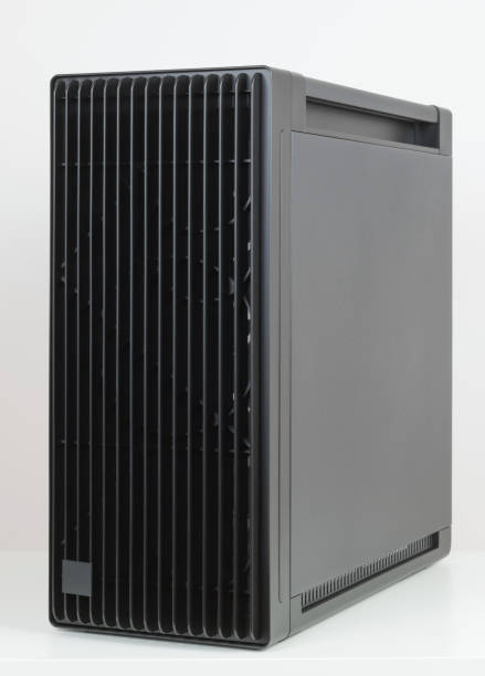 istock Side view of empty  big tower, PC case, chassis, 15.5 mm front panel grille with 45% porosity for maximum air intake. Studio shoot on white background. 2190589325