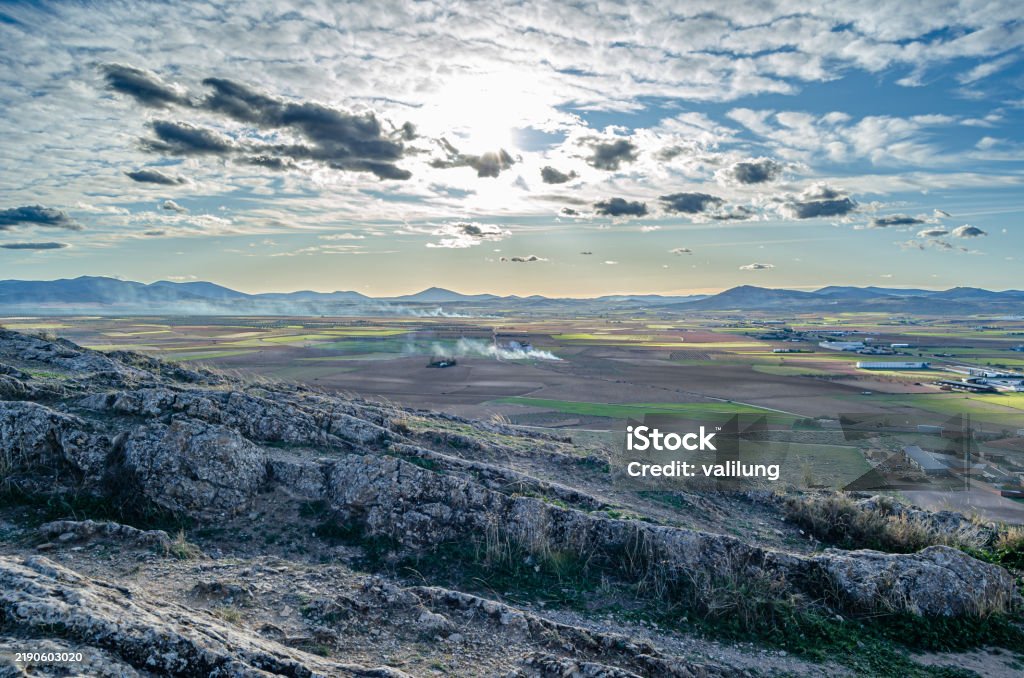 View of the countryside in the village of Consuegra, Castilla La Mancha, Spain View of the countryside from a viewpoint in the village of Consuegra, Toledo province, Castilla La Mancha, Spain Aerial View Stock Photo View of the countryside in the village of Consuegra, Castilla La Mancha, Spain View of the countryside from a viewpoint in the village of Consuegra, Toledo province, Castilla La Mancha, Spain Aerial View Stock Photo
