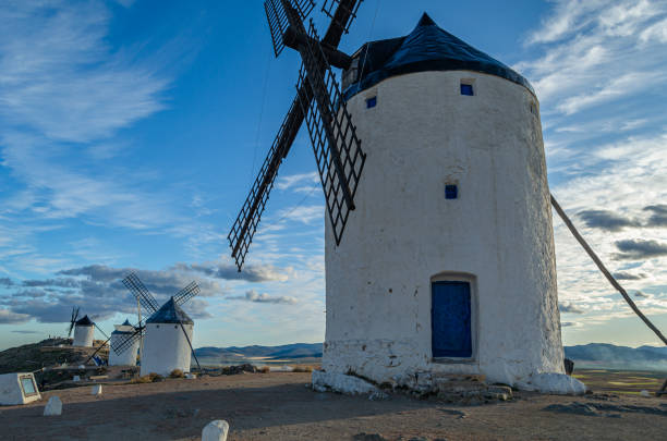 View of a traditional windmill in the village of Consuegra, Toledo province, Castilla La Mancha, Spain