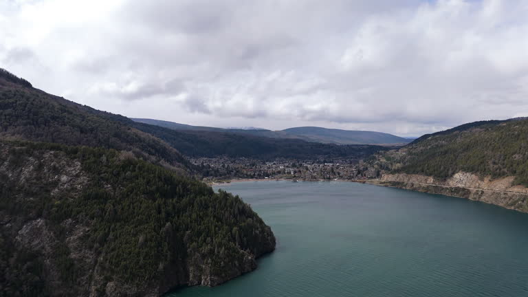 Aerial view of Lácar lake and San Martín de los Andes city in Patagonia, Neuquén, Argentina