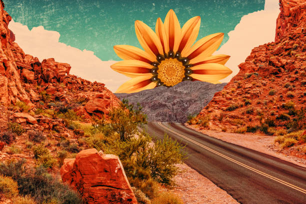 Minimal landscape collage with road, mountain and sun. Abstract textured background in retro Japanese aesthetic design with paper elements.
