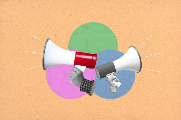 istock Human hand talk on a megaphone with a colored background. Concept of communication or discussion 2190623179