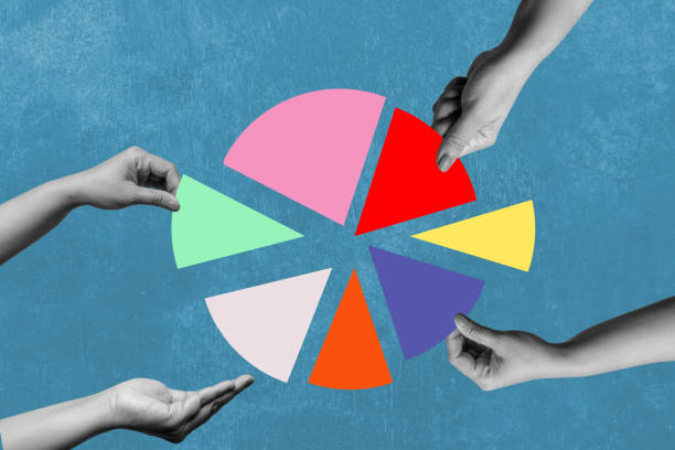 istock Human hands holding slices of different pie charts on a colored background. Concept of business or financial chart 2190623193