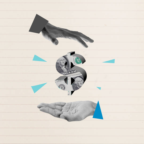 Two human hands show a dollar sign on his palm with a colored background