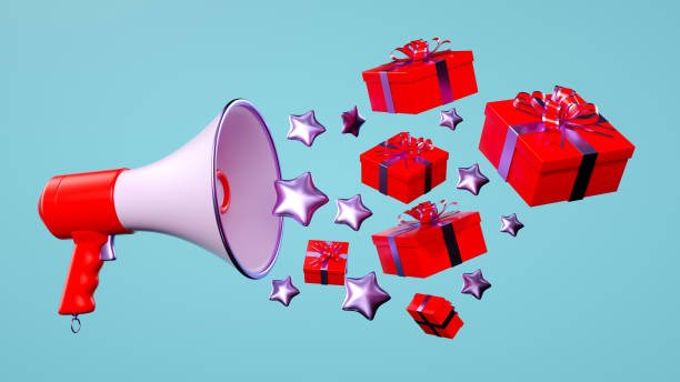 istock Promotional Blast: Floating Megaphone Emitting Stars and Red Gift Boxes on a Purple Background. 3D Rendering. 2190625243