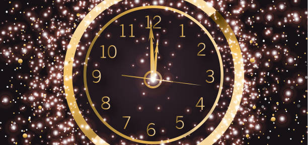istock Happy New Year web banner design clock striking midnight template in gold colors and sparkles of light 2190630659