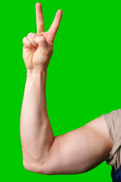 istock A strong arm making a peace sign against a vibrant green background 2190634985
