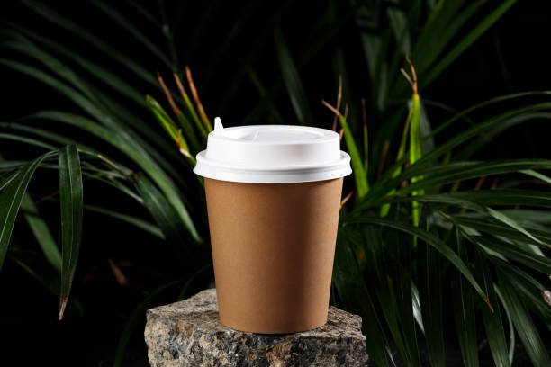 istock A disposable coffee cup placed on a stone against a lush green backdrop 2190636278