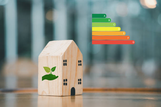 istock House energy efficiency, eco home renovation save cost. Low consumption ecological house, Sustainable Development Concept, house with plant icon and energy efficiency scale on blurred background 2190636435