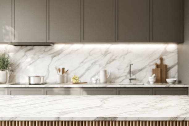 istock Elegant modern kitchen with marble counter top. Blurred kitchen background. 3d render. 2190638171