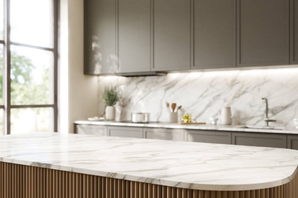 istock Elegant Modern Kitchen with Marble Counter top. Blurred kitchen background. 3d render. 2190638186