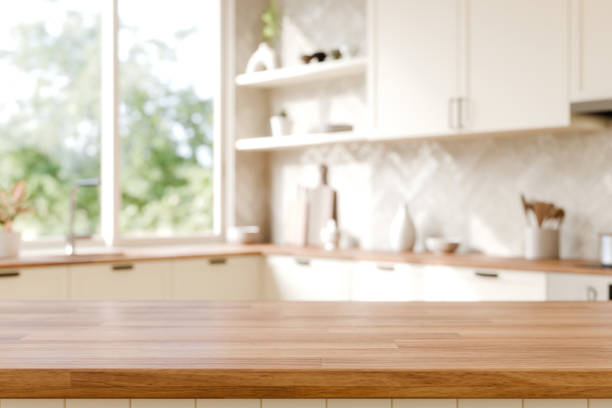 istock Wood counter top with blurred kitchen background. Modern Kitchen with Wooden top. 3d render. 2190638212