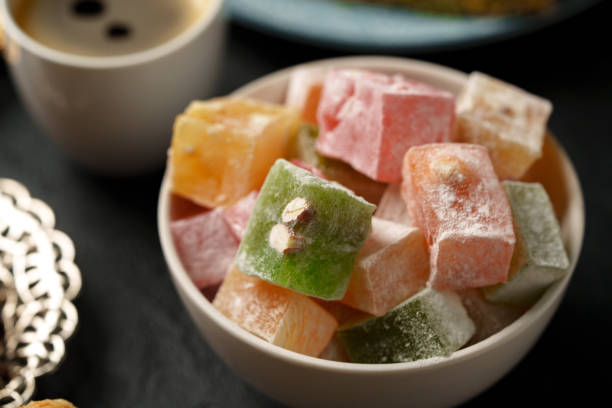 istock Colorful Turkish delight displayed in a bowl during a festive gathering in a cozy setting 2190638718