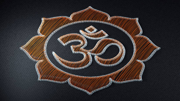 A stunning 3D embroidered representation of the Omkar symbol, featuring the Padma motif and written in Devanagari script on fabric, blending art and spirituality.