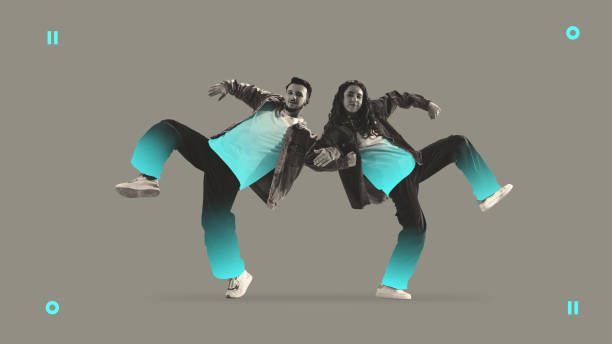 istock Contemporary art collage. Two dancers performing synchronized dynamic pose with modern outfits and neon accents emphasizing movement and energy. 2190641094
