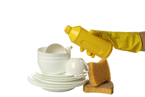 PNG,Detergent with sponge and dishes, isolated on white background