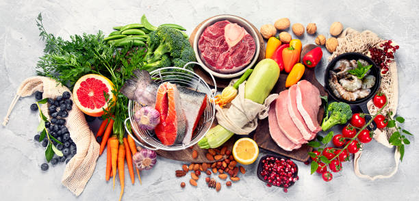 Healthy  food on light gray background.