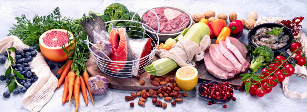 istock Healthy diet food on light gray background. 2190645951