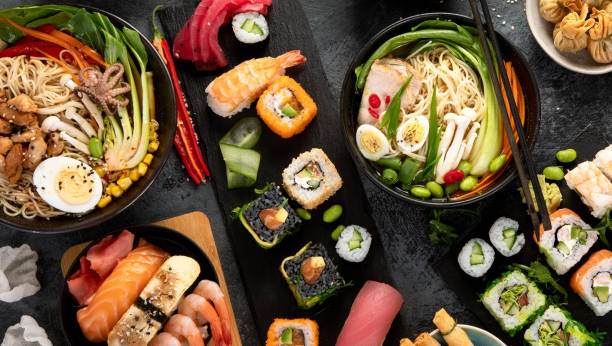 istock Japanese dishes and snacks on gray background. 2190646093