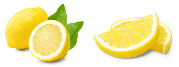 istock lemon with slice and green leaves isolated on white background. clipping path 2190646553