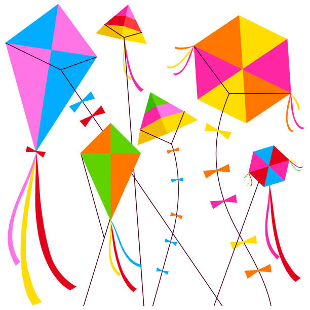 istock Colorful kites in the sky. Beautiful kites of various shapes and colors fly. Vector illustration 2190649261