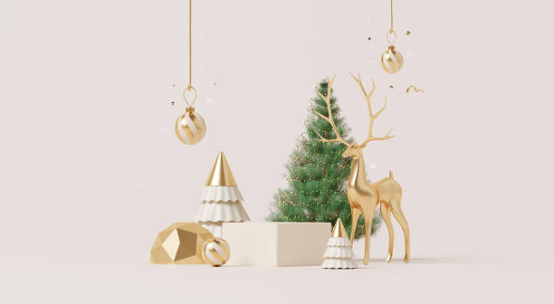 istock 3D render, Happy new year and Merry Christmas background with Podium stage decorated with golden reindeer with Christmas ornaments and festive tree in elegant setup. 2190650192