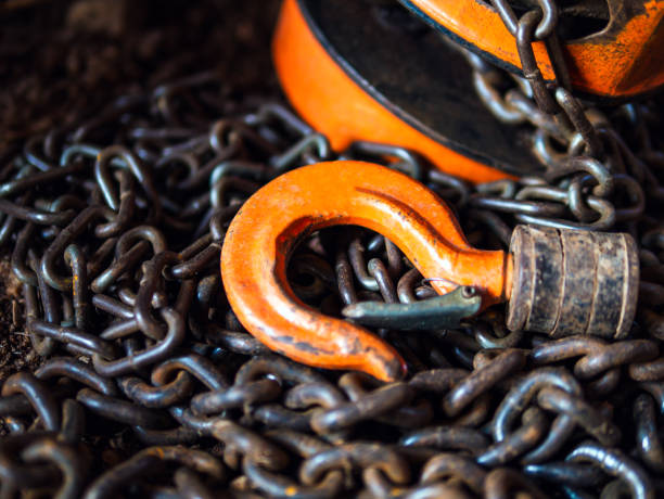 istock Chain Hoist. Industrial hook reel chain, close-up 2190658201