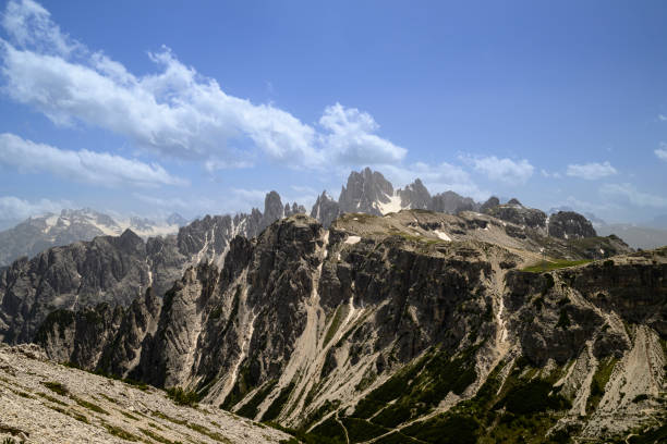Cadini di Misurina mountain group landscape view in the Dolomites during springtime.