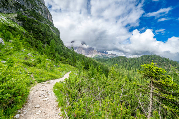 View on the Gruppo del Cristallo with the Monte Cristallo mountain range over Cortina D'Ampezzo in the Italian Dolomites during a springtime day.